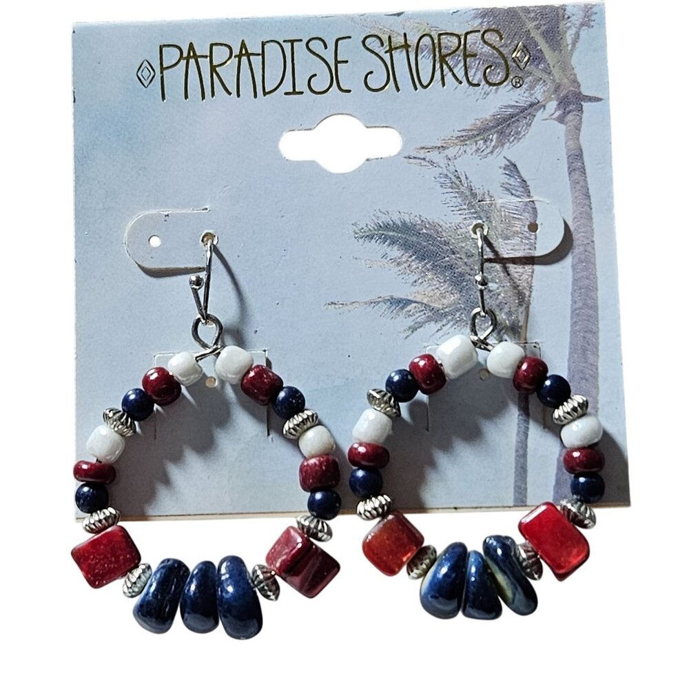 Paradise Shores Beaded Hoops Earrings Red White Blue Patriotic American Jewelry
